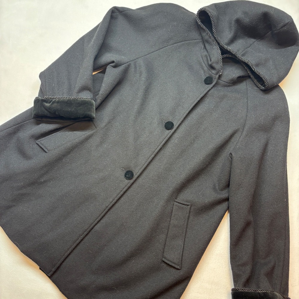 DONNYBROOK Black Wool Blend Hooded Coat Size 10 Velvet Trim Classic Old Money‎